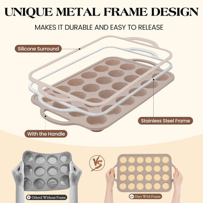 Mini Silicone Muffin Pans for Baking with Metal Reinforced Frame, 24 Cups Brown Regular Size Nonstick Cupcake Pan, BPA Free Oven Dishwasher Safe Baking Mold for Muffins Cupcakes