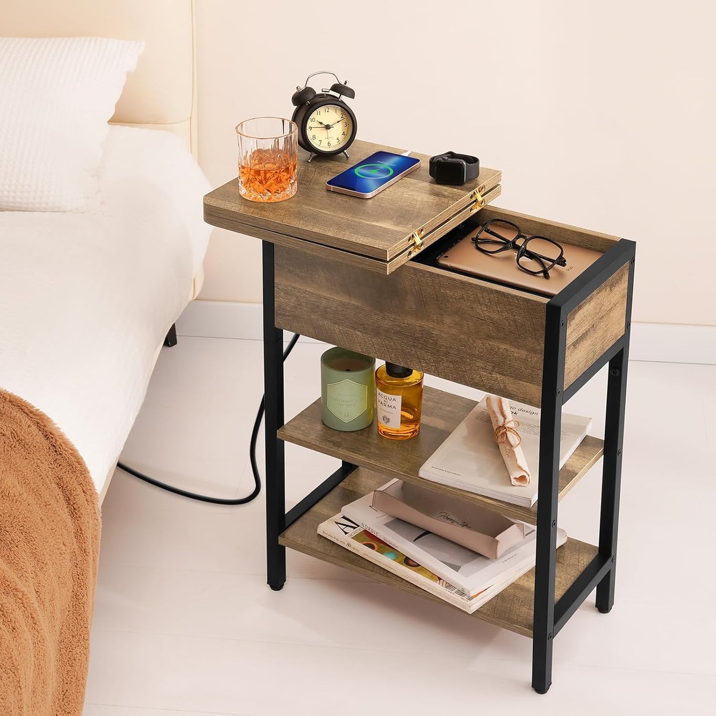 End Table with Charging Station, Flip Top Side Table with USB Ports and Outlets, Sofa Couch Table Bedside Table for Living Room Bedroom, Narrow Nightstand with Storage Shelves for Small Space