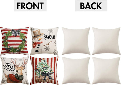 Set of 4 Holiday Red Decorative Pillow Covers 16X16 Inch Snowman Elk Merry Christmas Throw Pillow Cases Winter Seasonal Cushion Cases Home Decors for Sofa Couch Bedroom