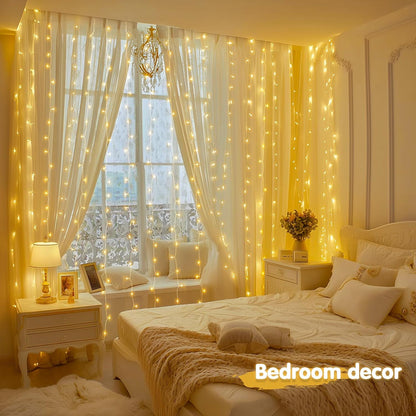 200 LED Curtain Lights for Bedroom, Warm White Hanging Curtain String Lights Indoor, USB Plug in Dorm Twinkle Lights with Remote for Wall Backdrop Wedding Birthday Party Decor, 6.5Ft X 6.5Ft