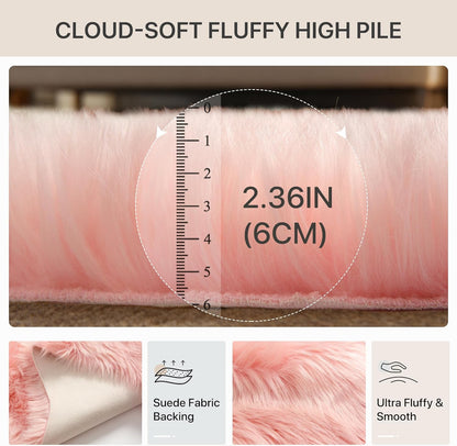 2X3 Fluffy Faux Fur Rug, Ultra Soft Shaggy Sheepskin Rug, High Pile Suede Backed Plush Area Rugs for Bedroom Living Room Indoor Floor Chair Cover Sofa, Pink
