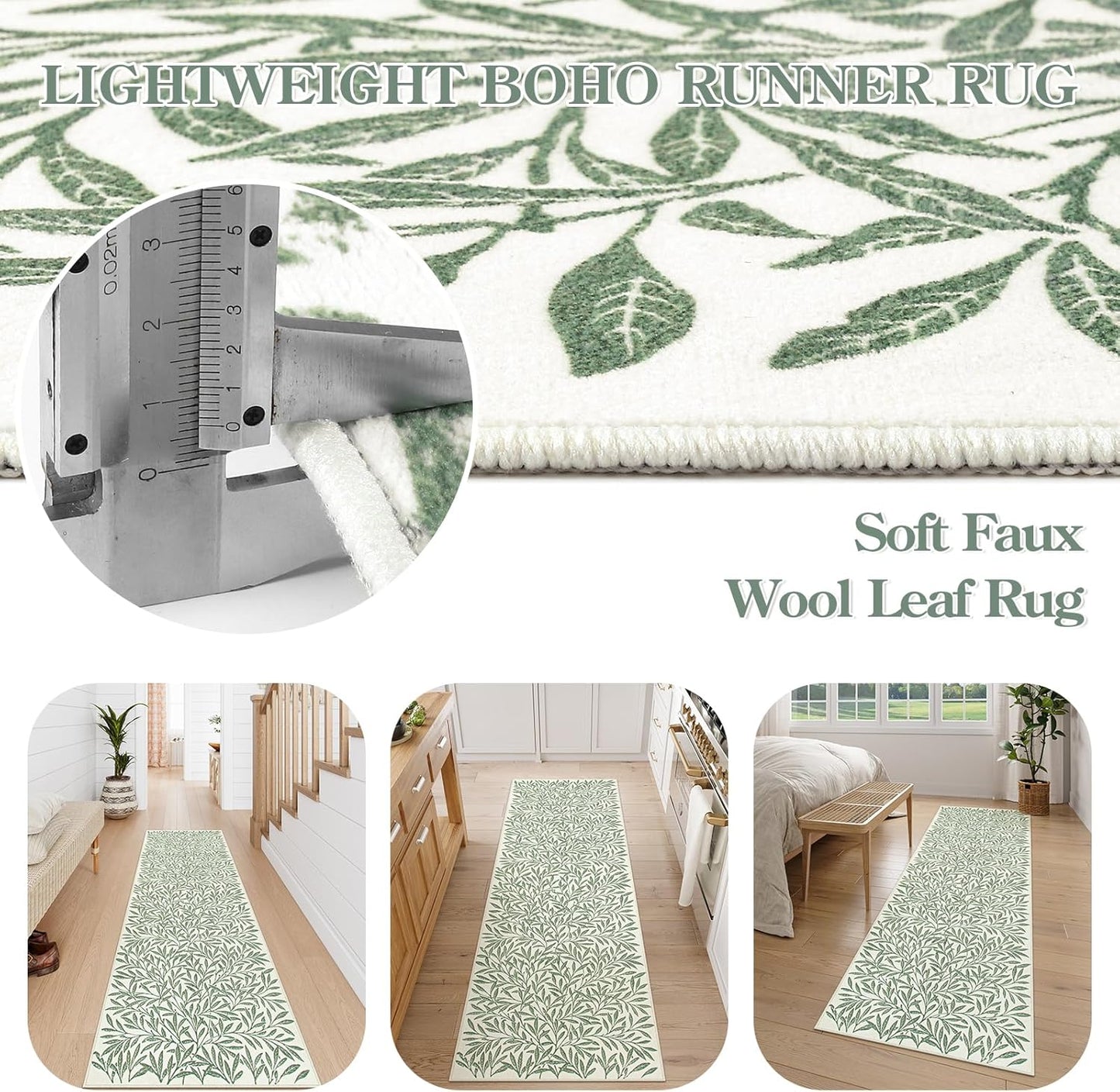Botanical Boho Green Kitchen Runner, Non Skid, Washable Leaf Carpet for Hallway 8Ft, Non Shedding Modern Rug for Entryway Porch (2'5''X8'')