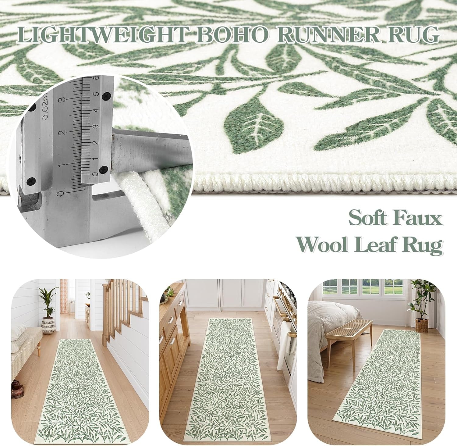 Botanical Boho Green Kitchen Runner, Non Skid, Washable Leaf Carpet for Hallway 8Ft, Non Shedding Modern Rug for Entryway Porch (2'5''X8'')
