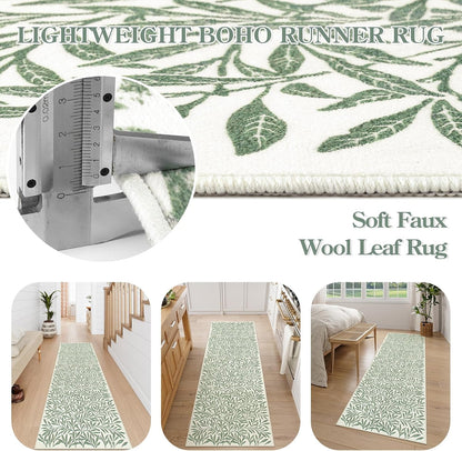 Botanical Boho Green Kitchen Runner, Non Skid, Washable Leaf Carpet for Hallway 8Ft, Non Shedding Modern Rug for Entryway Porch (2'5''X8'')