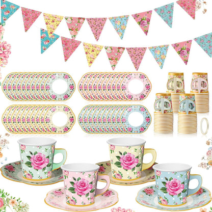 98-Piece Floral Tea Party Decoration Set: 26 Ft Bunting, 6.5 Oz Disposable Coffee Cups with Handles and Saucers, Ideal for Weddings and Birthdays (Classic)