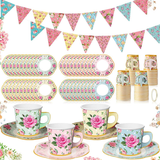 98-Piece Floral Tea Party Decoration Set: 26 Ft Bunting, 6.5 Oz Disposable Coffee Cups with Handles and Saucers, Ideal for Weddings and Birthdays (Classic)
