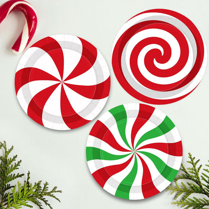 50 PCS Christmas Paper Plates, 9" Christmas Plates Disposable Party Set, 6 Designs Red White Green Candy Design Xmas Dinnerware, Xmas Tableware for Winter Ugly Sweater Party