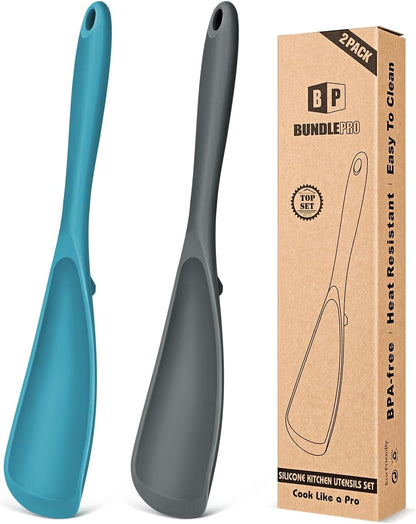 Pack of 2 Cooking Spoons for Non Stick Cookware, Multifunction Spatula Spoon Bpa-Free, One-Piece Design, Suitable for Scooping, Scraping, Serving and Mixing(Gray-Blue)