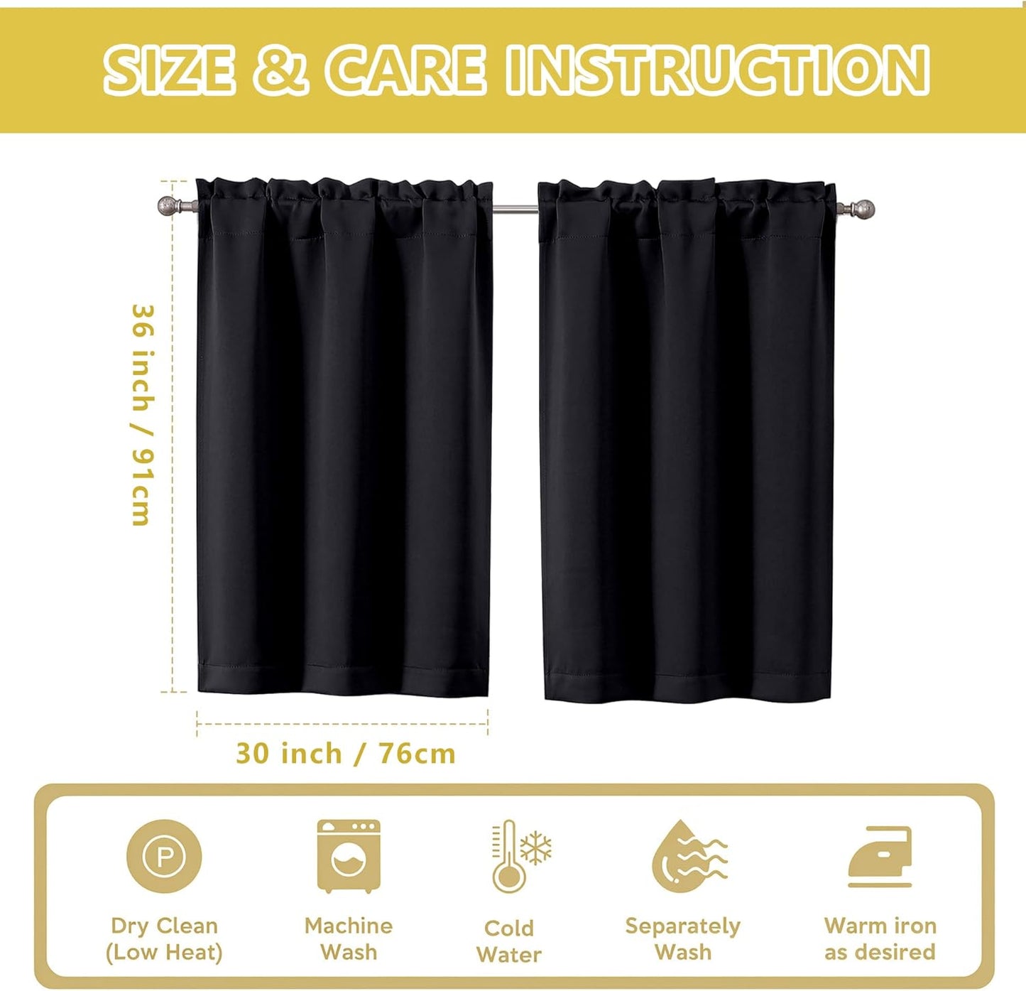 Black Kitchen Curtains 36 Inch Length, Short Blackout Small Thermal Insulated Curtains Tier over Sink Rod Pocket Half Window for Bathroom Bedroom Camper RV Bunk, 2 Panels, Each 30" Wx36 L