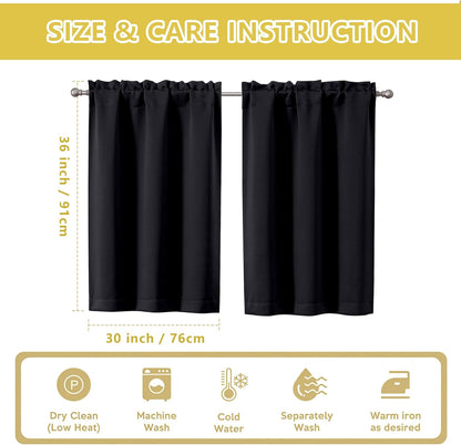 Black Kitchen Curtains 36 Inch Length, Short Blackout Small Thermal Insulated Curtains Tier over Sink Rod Pocket Half Window for Bathroom Bedroom Camper RV Bunk, 2 Panels, Each 30" Wx36 L