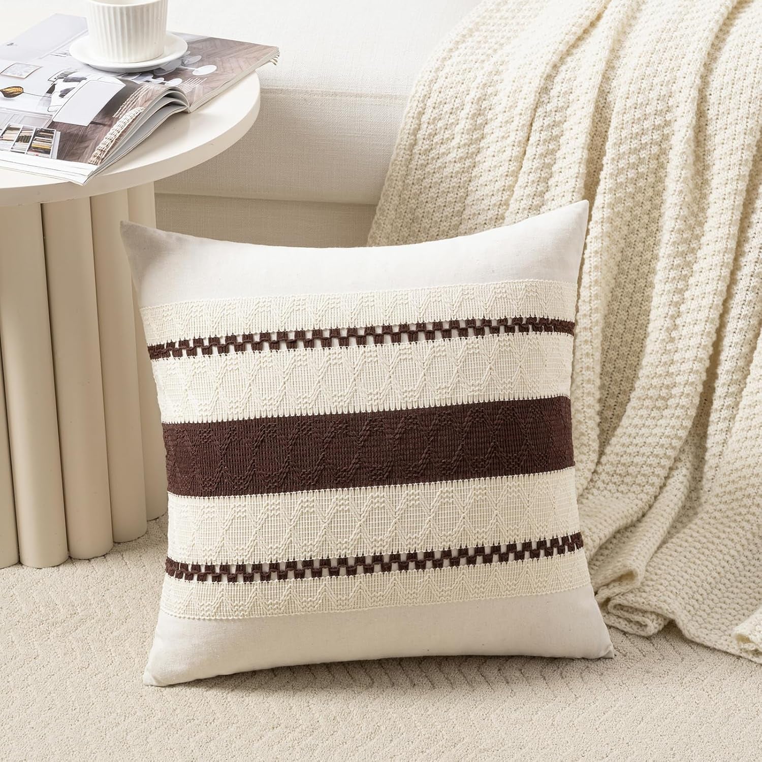 Set of 2 Boho Brown Decorative Throw Pillow Cover 18X18 Inch for Couch Bed Sofa, Aesthetic Modern Organic Farmhouse Home Decor, Soft Cotton Cute Accent Macrame Woven Cushion Case