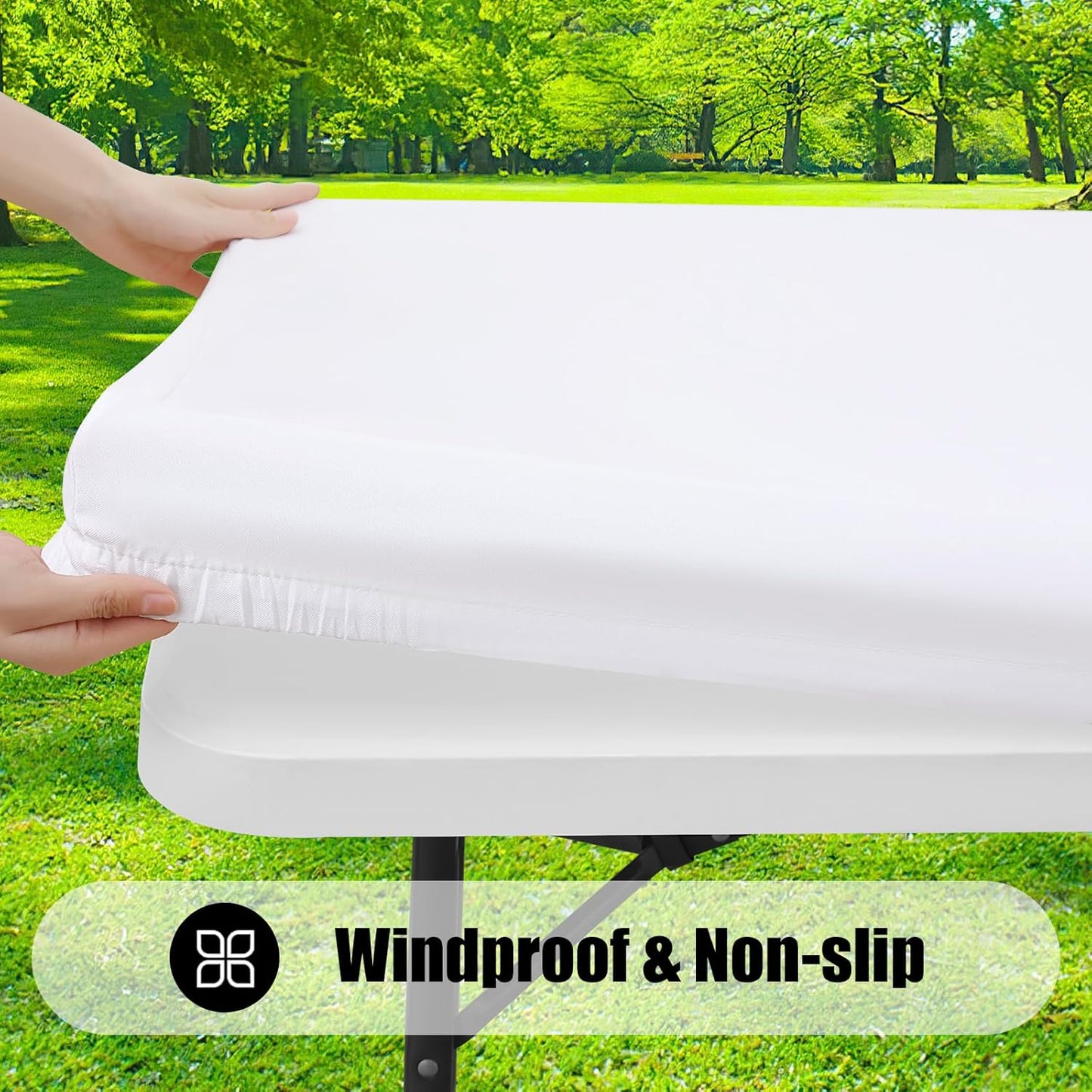 2 Pack Rectangle Picnic Table Cloth, Waterproof Elastic Fitted Tablecloths, Washable Polyester Rectangular Patio Table Cover for Camping, Indoor and Outdoor (White, 30"X48")