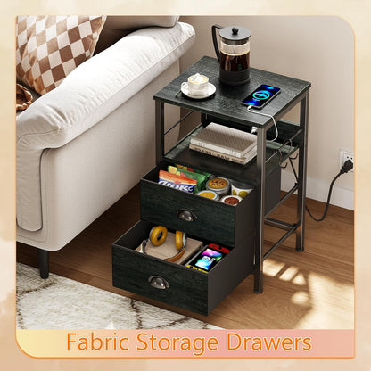 Nightstand with Charging Station, Black Night Stand with 2 Fabric Drawers, Side Table with USB Ports, End Table with Storage Shelf, for Living Room/Bedroom, Black Oak