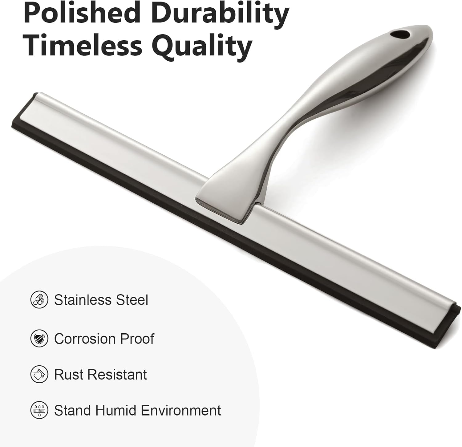 All-Purpose Shower Squeegee for Shower Doors, Bathroom, Window, Glass and Car Windshield, Includes Suction Hook & Adhesive Hook, 18/8 Stainless Steel, 12", Silver