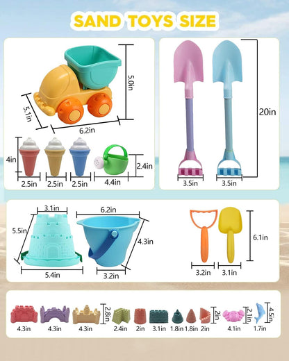 Long Shovels Sand Toys Set with Mesh Bag Including Dump Truck, Beach Buckets, Shovels, Rakes, Molds, Outdoor Beach Toys Tool Kit for Kids, Toddlers, Boys and Girls (15 PCS) Age 3+