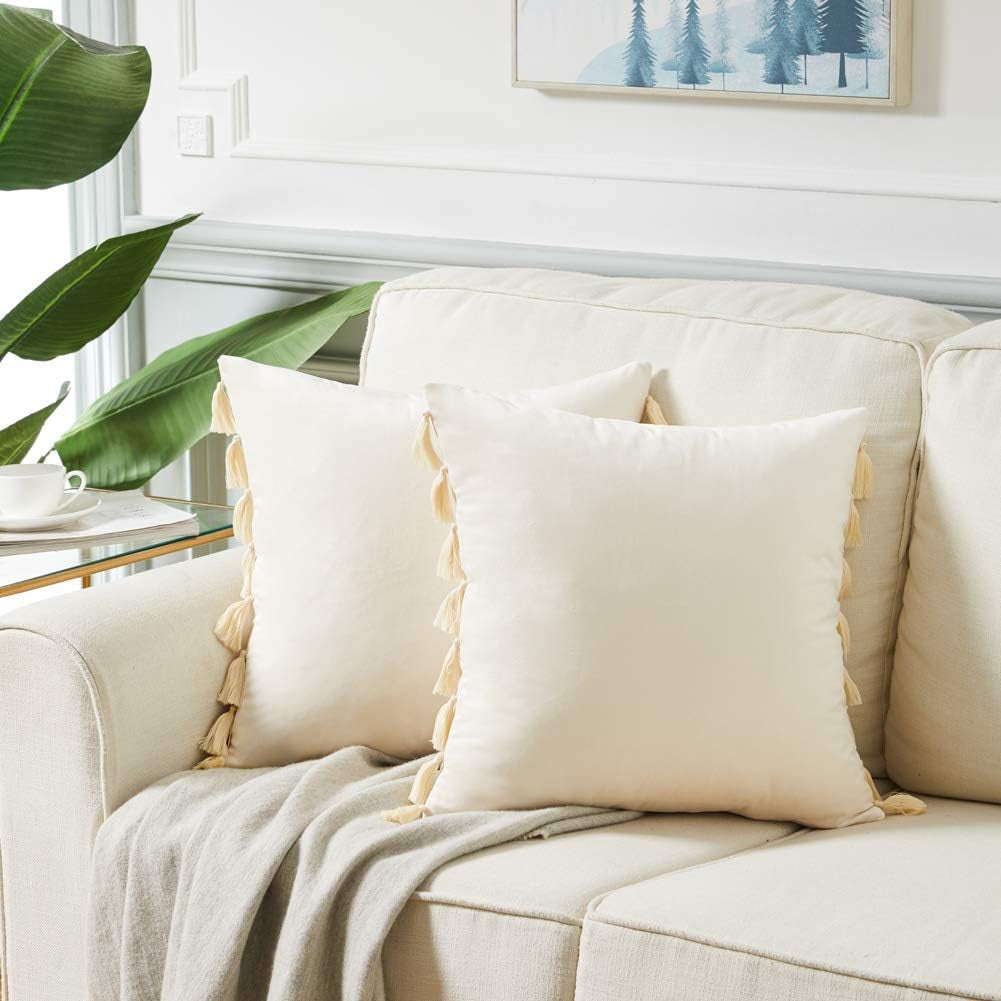 Pack of 2 Boho Decorative Throw Pillow Covers with Handmade Tassels, Soft Velvet Accent Solid Square Cushion Case Set for Couch Sofa Bedroom Car Living Room (16X16 Inch/40X40 Cm, Cream)