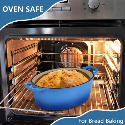 Oval Dutch Oven with Lid, Enameled Cast Dutch Oven Pot for Bread Baking, Braising, Stewing, Roasting, Non-Stick & Oven Safe, Dual Handles & Easy Clean, 5QT & Blue