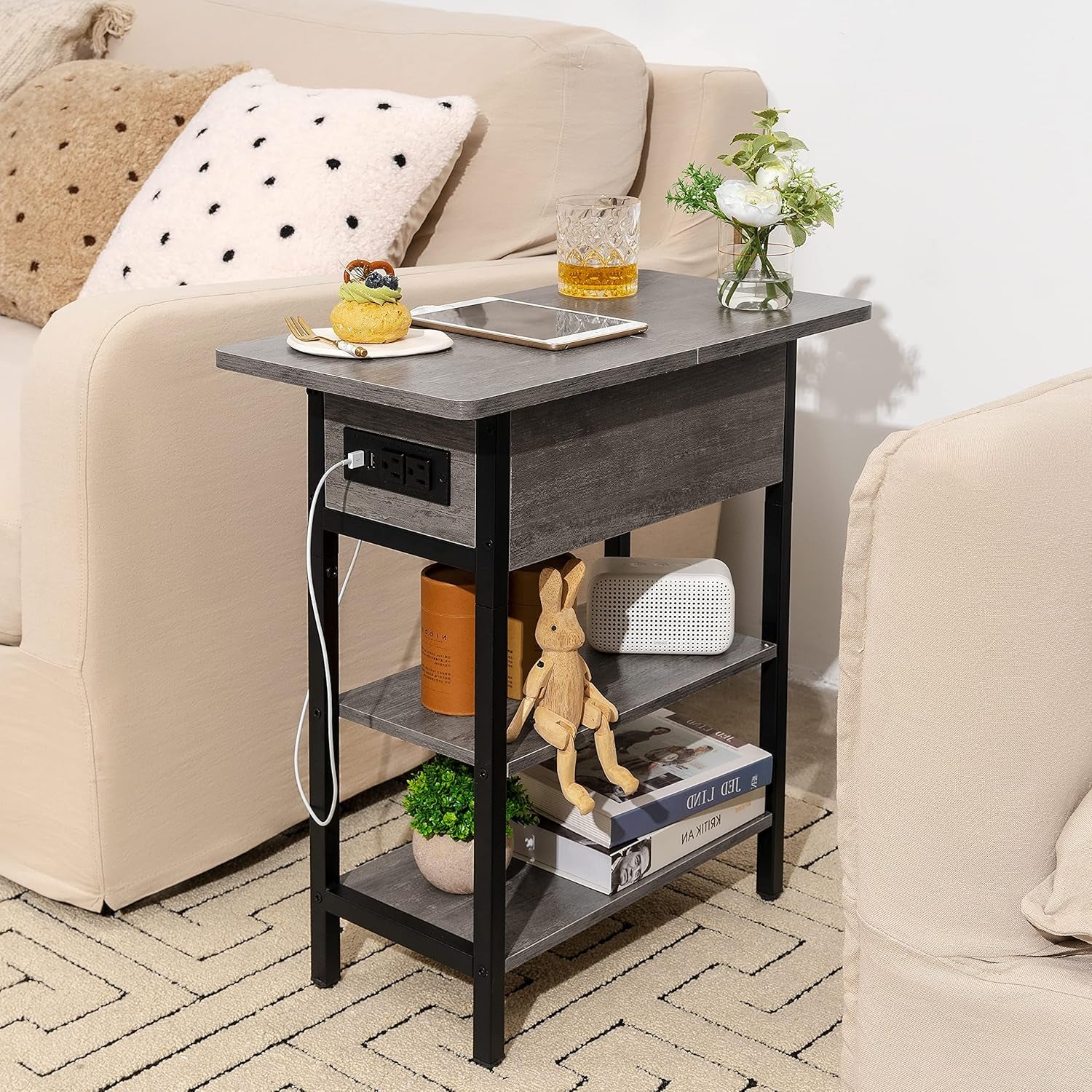 End Table with Charging Station, Flip Top Side Table with USB Ports and Outlets, Sofa Couch Table Bedside Table for Living Room Bedroom, Narrow Nightstand with Storage Shelves for Small Space