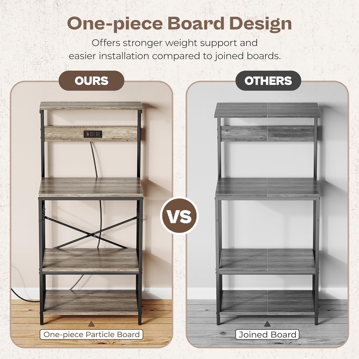 Professional Kitchen Bakers Rack with Power Outlet, Multi-Tier Coffee Bar Table, Microwave Stand, and Storage Shelf with S-Hooks - Greige