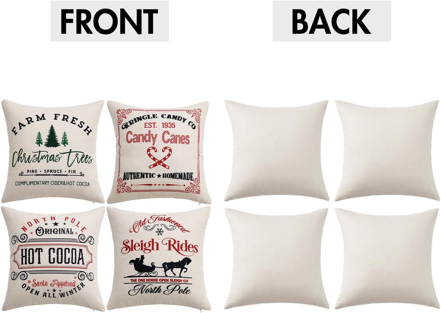 Set of 4 Holiday White Decorative Pillow Covers 18X18 Inch Candy Canes Sleigh Christmas Tree Throw Pillow Cases Winter Seasonal Cushion Cases Home Decors for Sofa Couch Bedroom