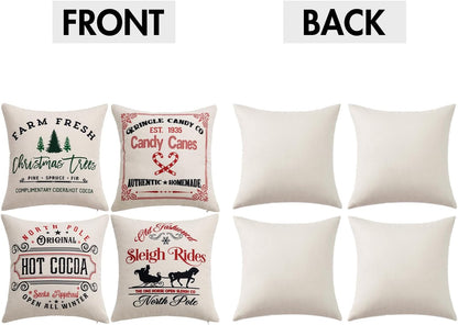 Set of 4 Holiday White Decorative Pillow Covers 18X18 Inch Candy Canes Sleigh Christmas Tree Throw Pillow Cases Winter Seasonal Cushion Cases Home Decors for Sofa Couch Bedroom