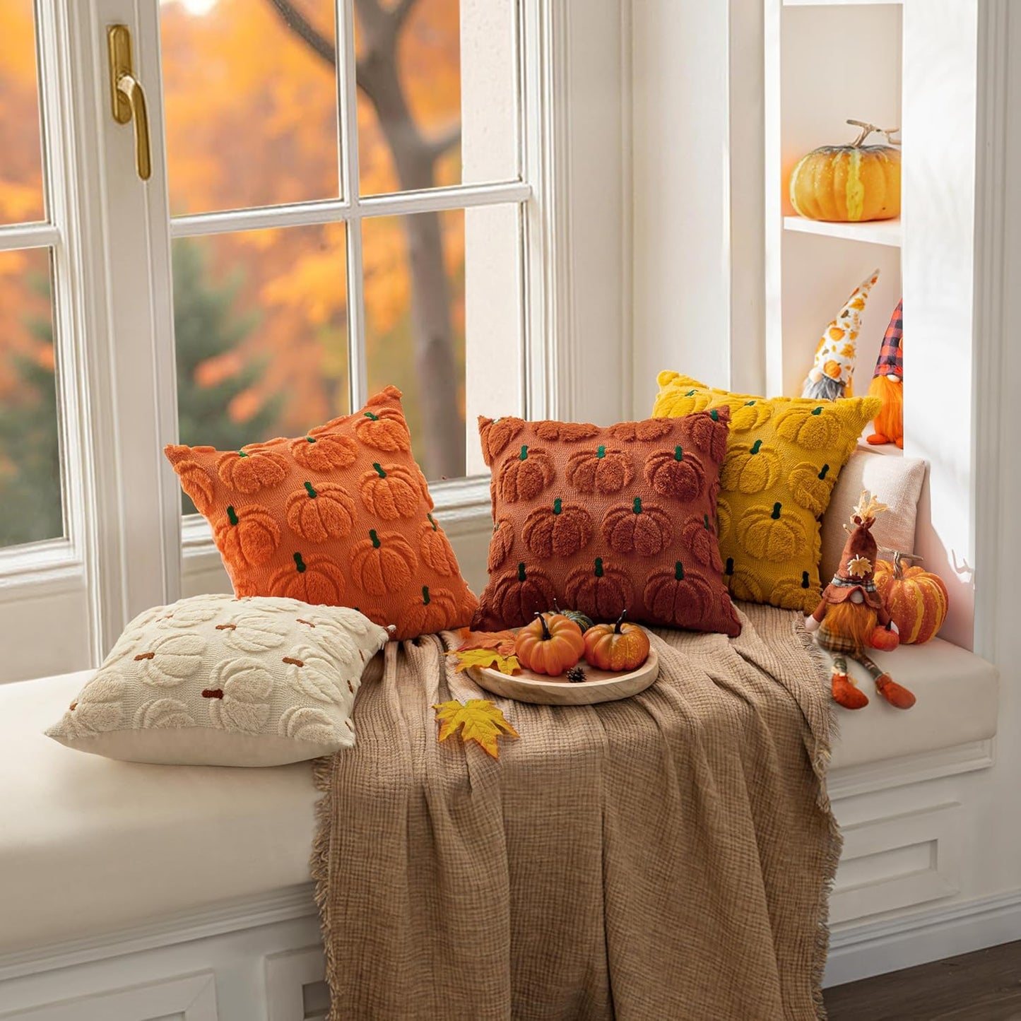 Fall Pumpkin Throw Pillow Covers Decor Set of 2 Beige Brown Stem 18 X 18 Decorative Cushion Covers Soft Plush Faux Fur Couch Pillows for Autumn Harvest Outdoor Porch Farmhouse Halloween Home