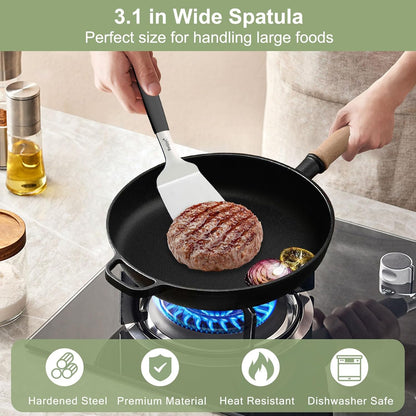 Stainless Steel Spatula Set, 2 Pcs Small Metal Spatula for Cast Iron Skillet, Solid and Slotted Turner Spatulas for Kitchen Use with Silicone Handle, Cooking Utensils for Eggs, Burger, Steak