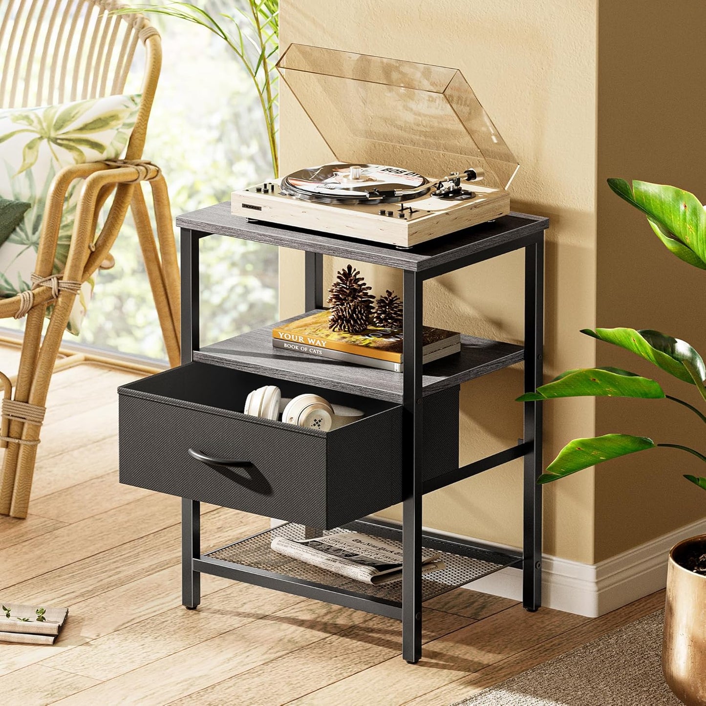 Charcoal Gray Nightstand with Fabric Drawer and Open Mesh Shelf, Metal Frame Side Table for Bedroom and Living Room