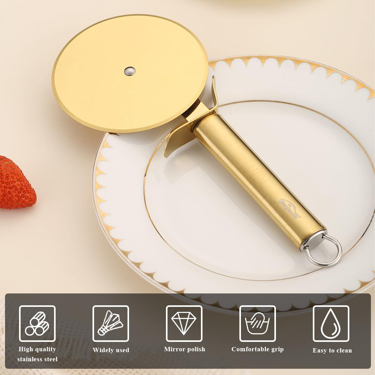 Gold Titanium-Plated Stainless Steel Pizza Cutter - Ultra Sharp Pizza Wheel and Pastry Slicer, Easy to Clean and Store