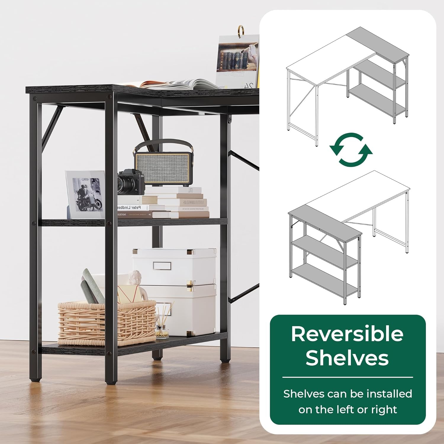 L-Shaped Computer Desk, 47-Inch Home Office Writing and Gaming Station with Reversible Storage Shelves and Metal Frame, Black
