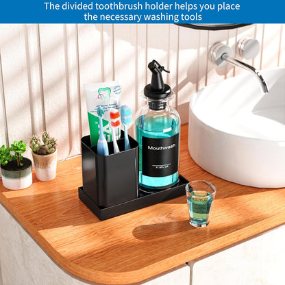 Bathroom Glass Mouthwash Dispenser with Cup,Black Toothbrush Holder Set Stainless Steel with 11.8OZ Clear Nozzle Mouth Wash Dispenser Diatomite Tray，Decor Accessories