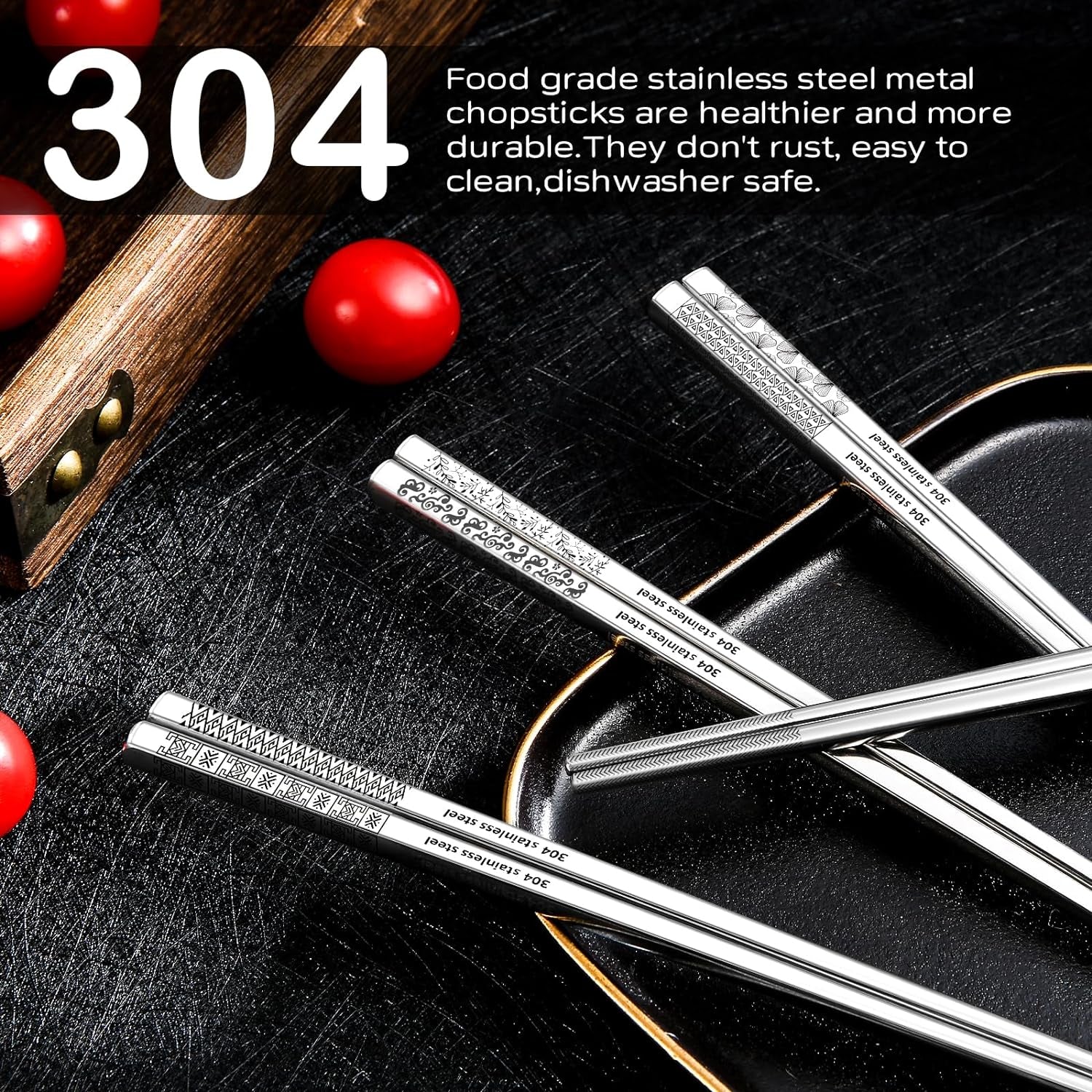 8 Pairs Metal Chopsticks Reusable 18/8 Stainless Steel Chopsticks Set Cute Laser Engraved Non-Slip Japanese Korean Chinese Chopstick for Cooking Eating Dishwasher Safe 9.25" Chop Sticks Gift Set