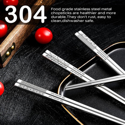 8 Pairs Metal Chopsticks Reusable 18/8 Stainless Steel Chopsticks Set Cute Laser Engraved Non-Slip Japanese Korean Chinese Chopstick for Cooking Eating Dishwasher Safe 9.25" Chop Sticks Gift Set