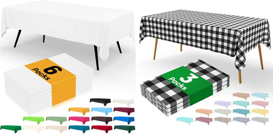Plastic Table Cloth Disposable 3 Pack, 54X108 Inch Rectangle Waterproof Table Cover for Parties, Decorative Buffalo Plaid Vinyl & Solid Tablecloths, Leakproof & Sturdy, Black and White