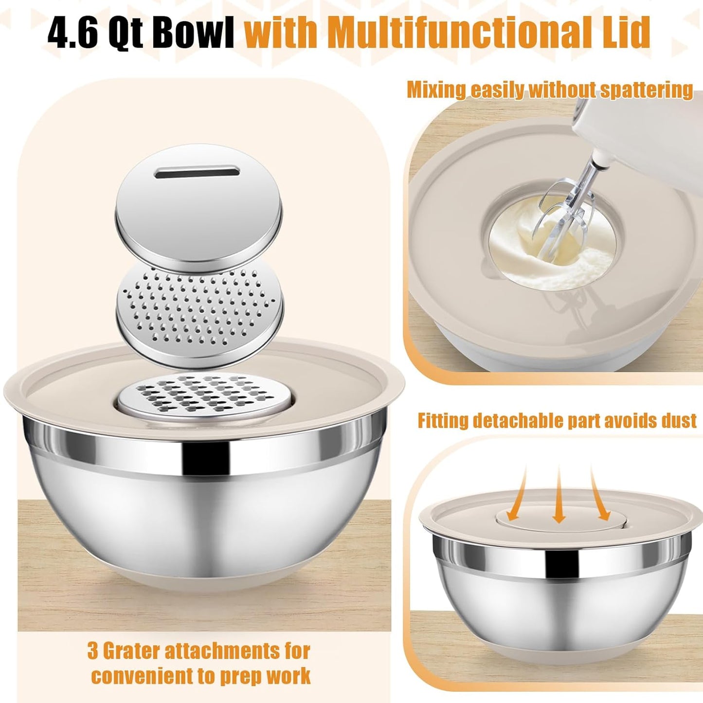 Mixing Bowl with Lid Set, 5 Piece Stainless Steel Mixing Nesting Bowls for Salad Storage, 3 Grater Attachments & Non-Slip Bottoms, Size 1/1.5/2 / 2.6/4.6 QT, Khaki