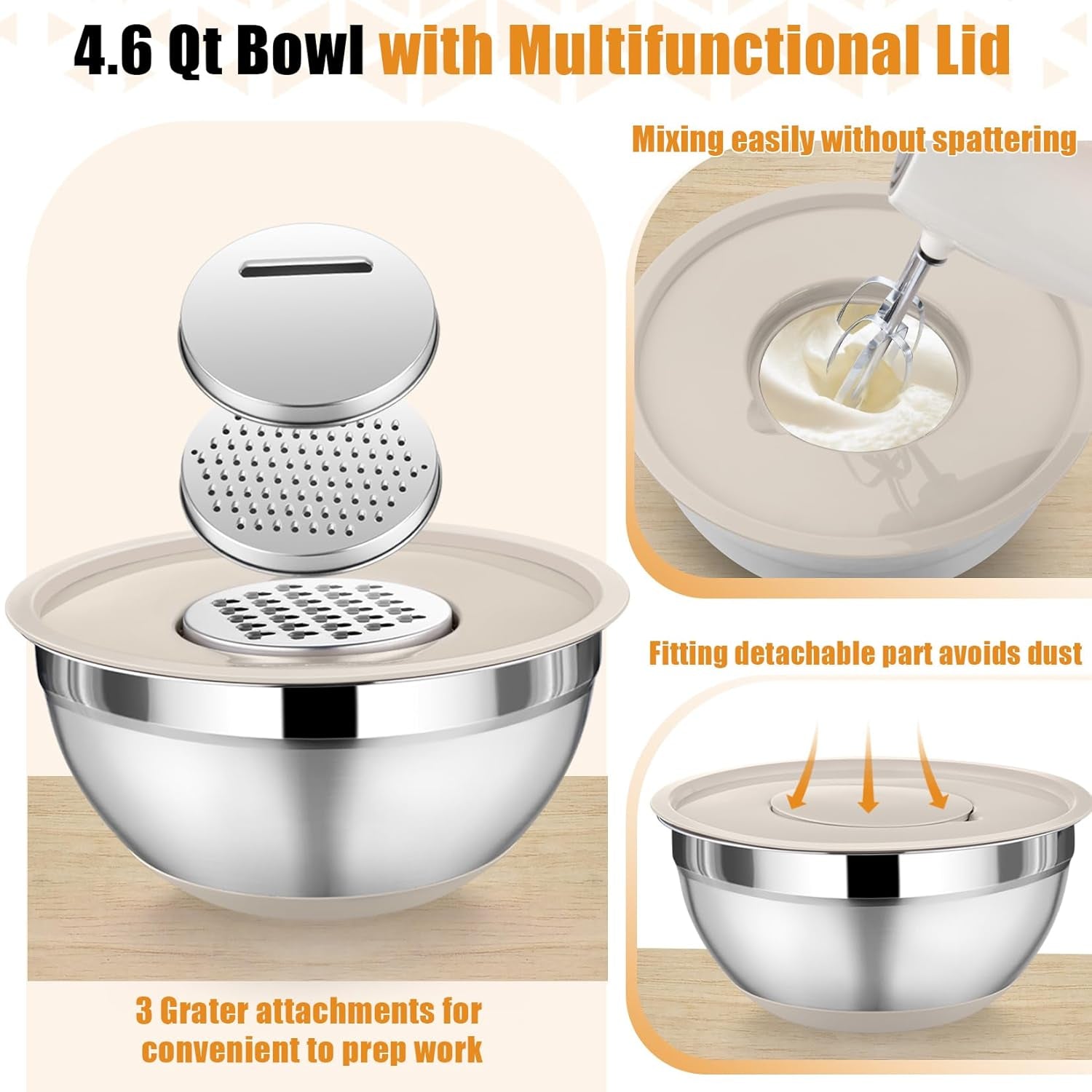 Mixing Bowl with Lid Set, 5 Piece Stainless Steel Mixing Nesting Bowls for Salad Storage, 3 Grater Attachments & Non-Slip Bottoms, Size 1/1.5/2 / 2.6/4.6 QT, Khaki