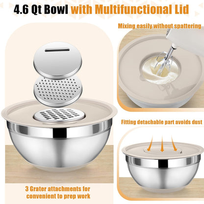 Mixing Bowl with Lid Set, 5 Piece Stainless Steel Mixing Nesting Bowls for Salad Storage, 3 Grater Attachments & Non-Slip Bottoms, Size 1/1.5/2 / 2.6/4.6 QT, Khaki
