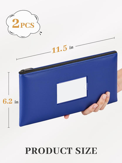 Money Bags with Zipper, 2-Pack Bank Bags with Label, Waterproof Leather Money Pouches, for Cash Coin Bill Invoice Deposit Receipt Storage and Organize, 11.5 X 6.2 Inches (Blue)