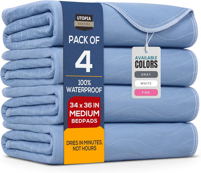 Washable Underpads 34" X 36" (Pack of 4), Waterproof Reusable Heavy Absorbency Incontinence Bed Pads for Adults, Kids, Elderly and Pets, Bedwetting Pads for Sofa and Couch (Blue)