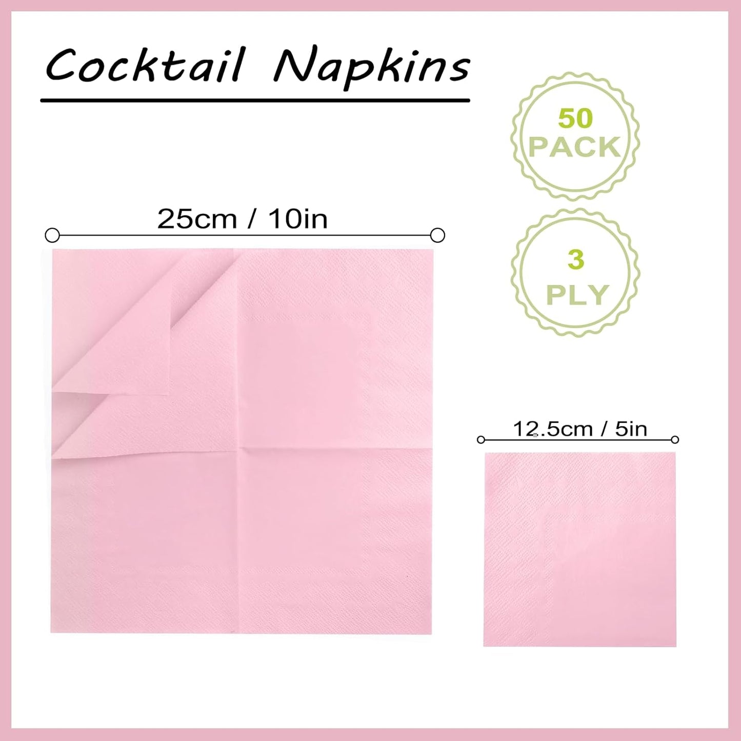 50 Pcs 3-Ply Light Pink Napkins Disposable Pink Cocktail Napkins Dessert for Dinner Wedding Birthday Party Anniversary Party, Baby Shower, Baby Pink Napkins 5 X 5 Inch Folded