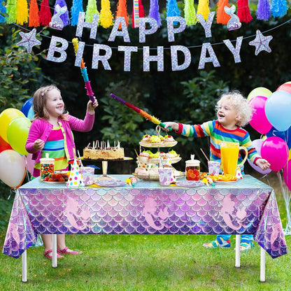 Mermaid Party Decorations, Mermaid Theme Party Supplies for 24 Guests, Disposable Mermaid Party Decorations Tableware Set, Plates, Napkins, Cups, Tablecloth with Banner