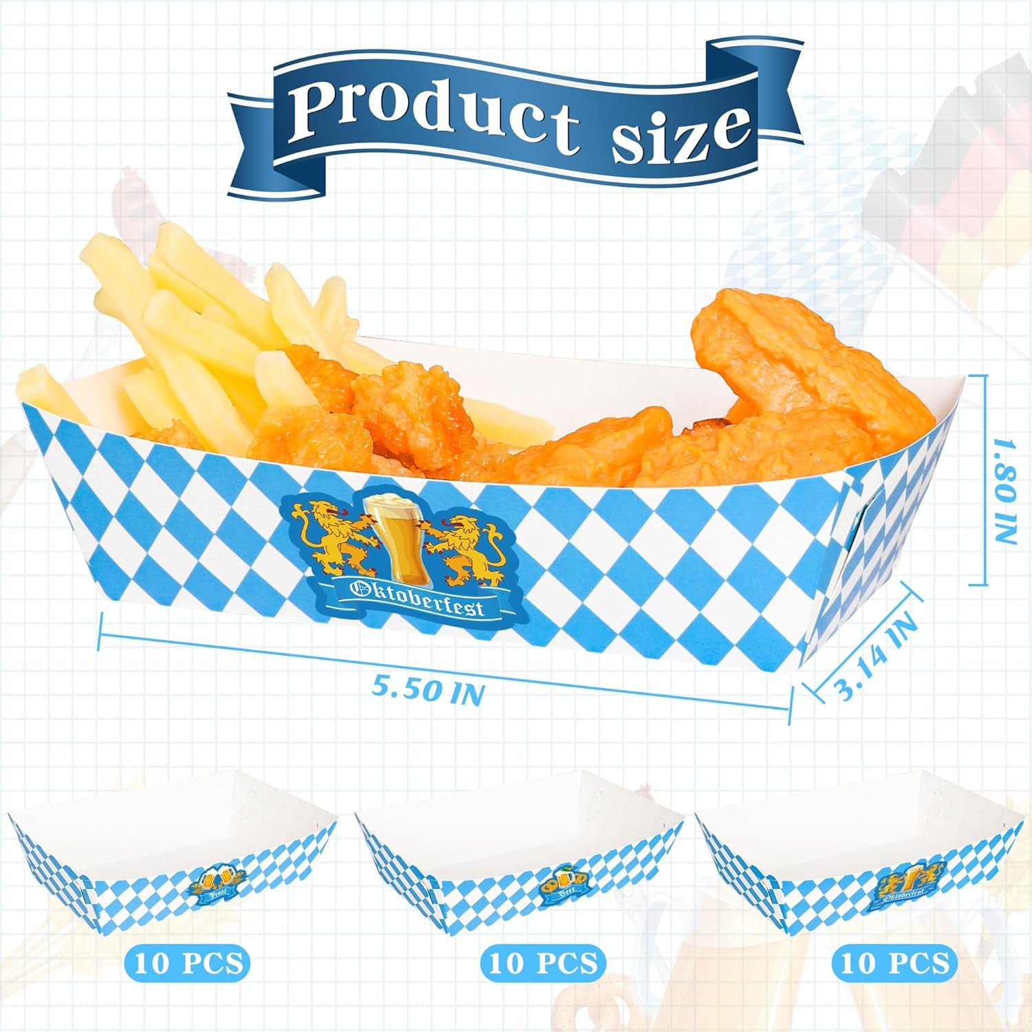 30 PCS Oktoberfest Decoration, Oktoberfest Food Trays with 3 Designs, Disposable Beer Gathering Supply, Paper Snack Take Out Food Serving Tray Blue White Checkered Tray Oktoberfest Party Supplies