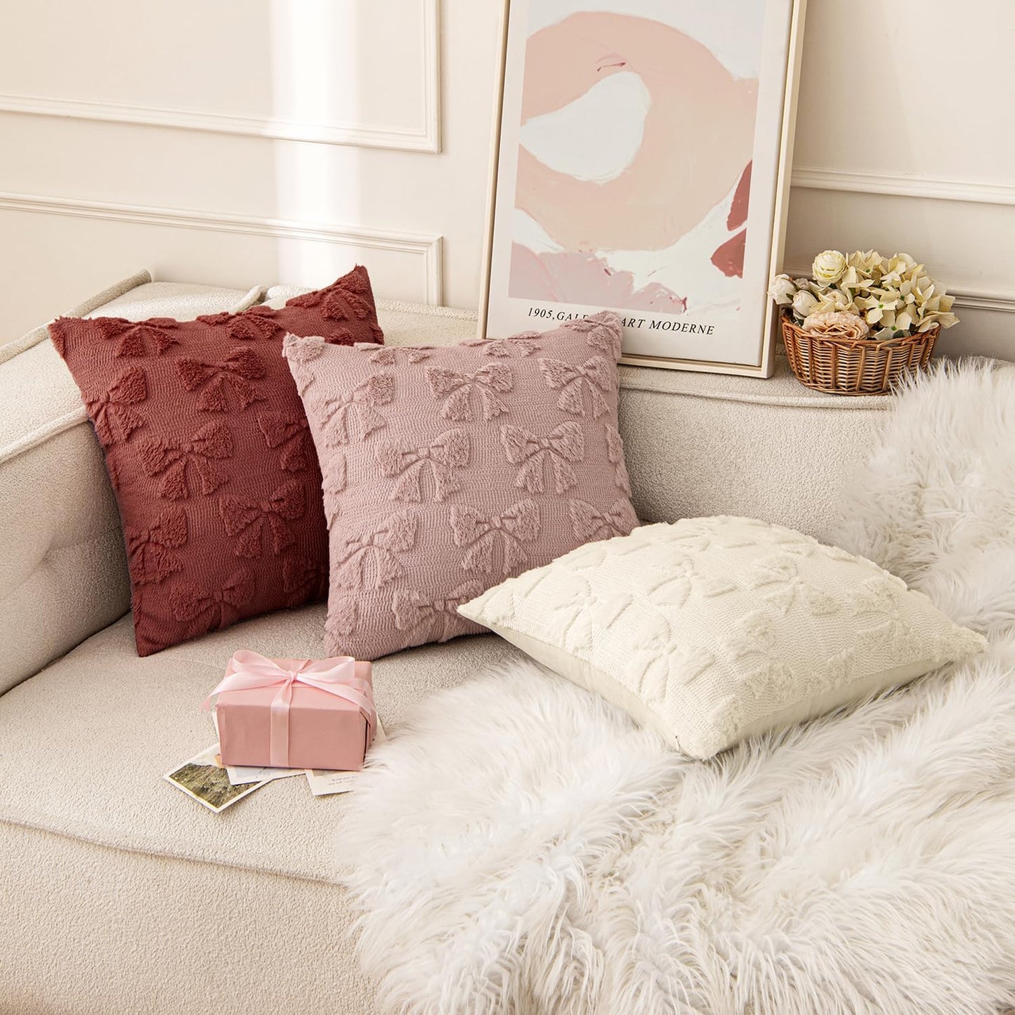Burgundy Bow Decorative Pillow Covers - Set of 2 Soft Plush Faux Cases for Aesthetic Room Decor, 18x18 Inches