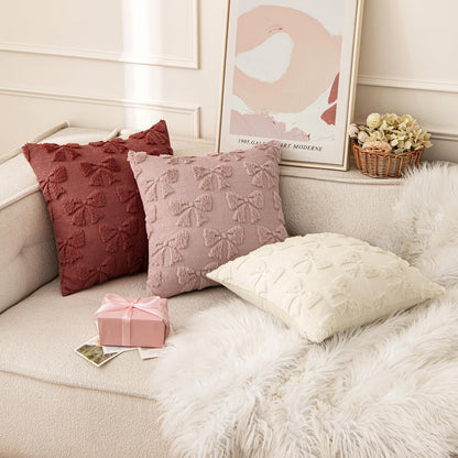 Burgundy Bow Decorative Pillow Covers - Set of 2 Soft Plush Faux Cases for Aesthetic Room Decor, 18x18 Inches