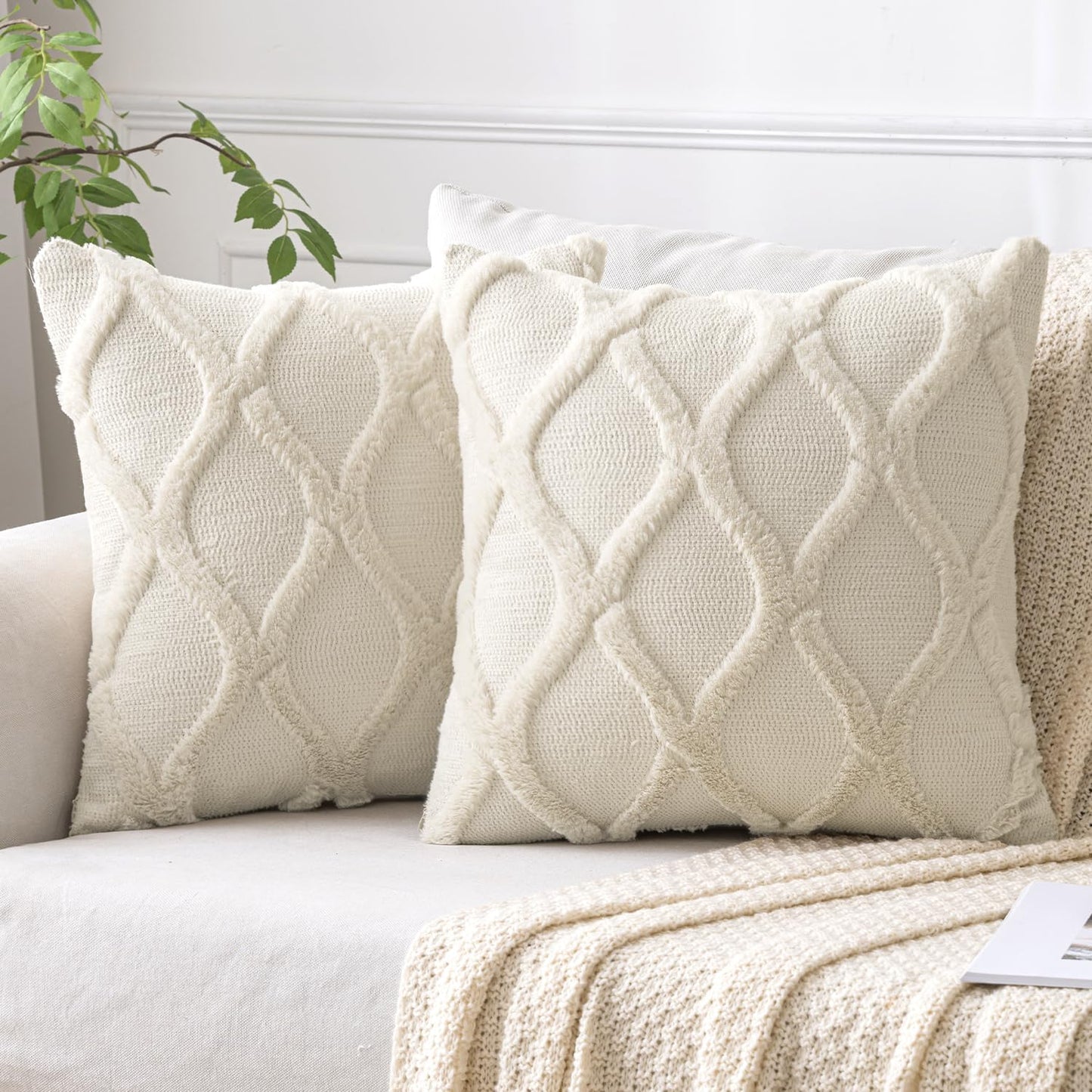 Spring Decorative Throw Pillow Covers Beige 18X18 Inch Set of 2, Soft Plush Faux Wool Couch Cushion Covers Farmhouse Throw Pillows for Couch Bed Sofa Living Room