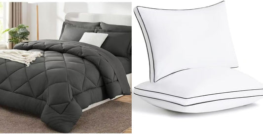 King Bed in a Bag 7-Pieces Comforter Sets with Comforter and Sheets Dark Grey Bundle Pillows King Size Set of 2, Soft and Supportive 3D down Alternative Bed Pillows for Sleeping 2 Pack