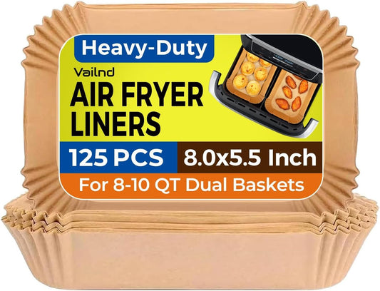 Air Fryer Paper Liners Disposable: 125Pcs 8X5.5" Rectangle Parchment Paper Sheets, Non-Stick Food Grade Baking Liners for Rectangular Air Fryer Dual Basket Oilproof Waterproof