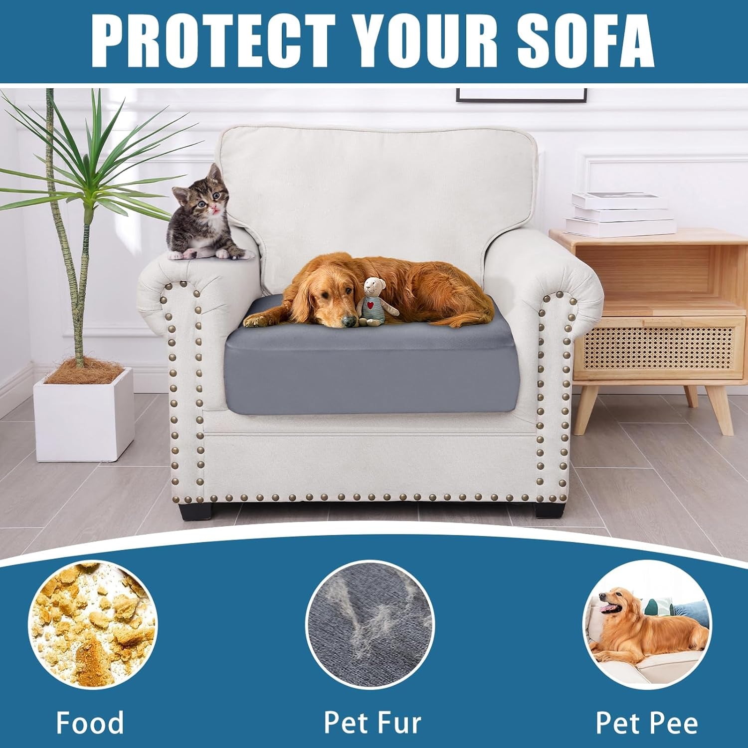 Waterproof Couch Cushion Covers, Stretch Washable Sofa Cushion Cover, Soft Sofa Slipcover Elastic Non-Slip Furniture Protector for Pets, Kid (1 Pack, Grey)