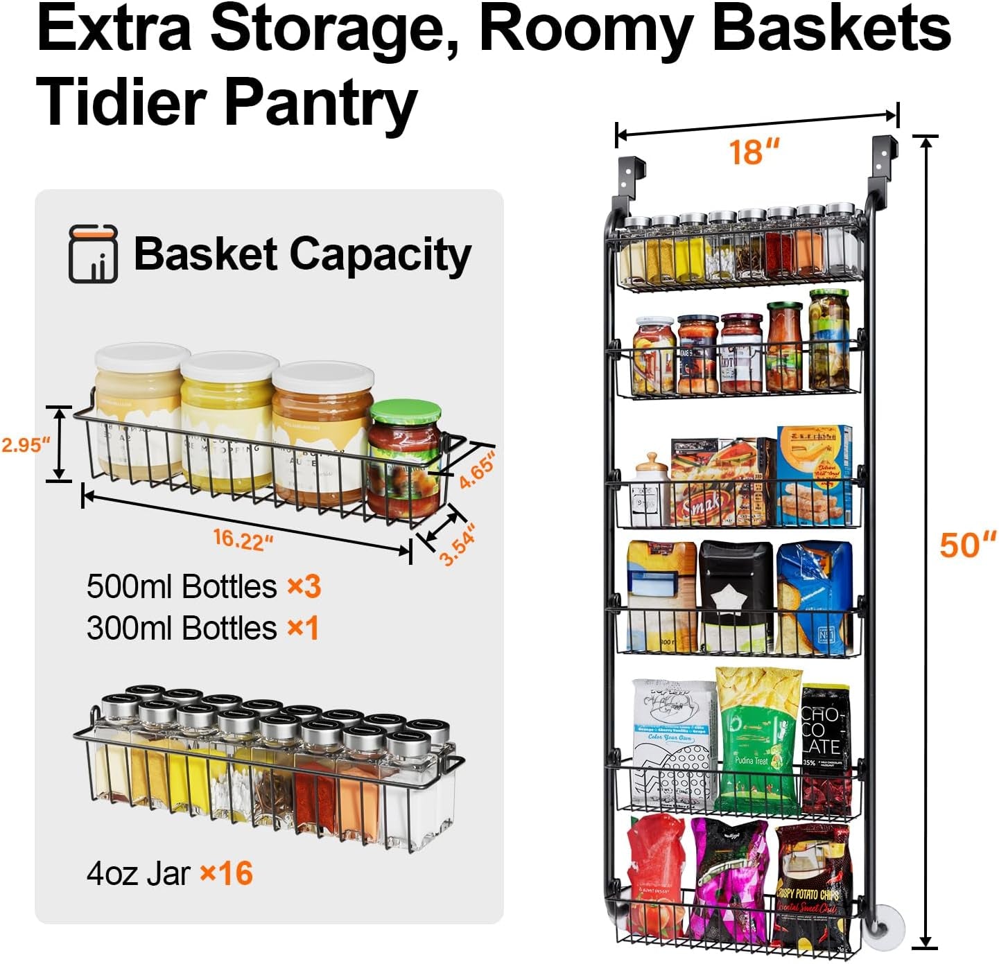 over the Door Pantry Organizer, 6-Tier Metal Pantry Door Organization and Storage, Hanging Kitchen Basket Spice Rack Seasoning Shelves, Cabinet Door Organizer for Easy Install,D5Xw18Xh50Inch