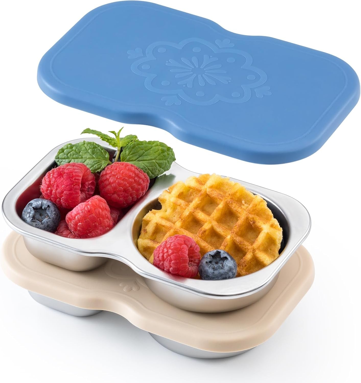 2 Pack Stainless Steel 2-Compartment Small Snack Containers with Lids, Reusable Snack Pack Containers, Lunch Box Accessories,Double Compartment Salad Dressing Containers to Go, 5.3Oz